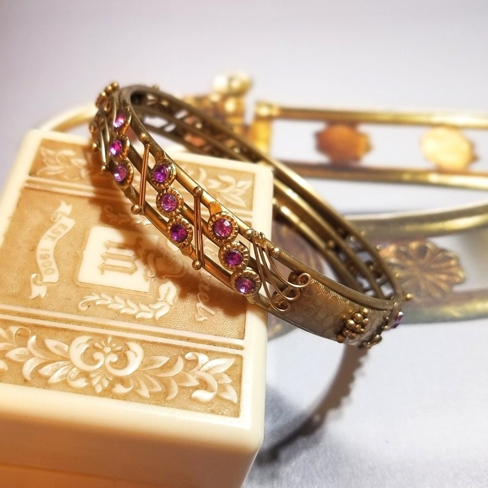 VTG Etruscan Revival Ruby Pink Rhinestone Bangle Bracelet